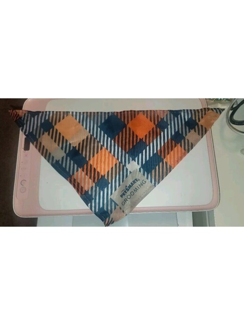 PETSMART GROOMING ORANGE BLUE PLAID DOG PET BANDANA SMALL 20" x 10"